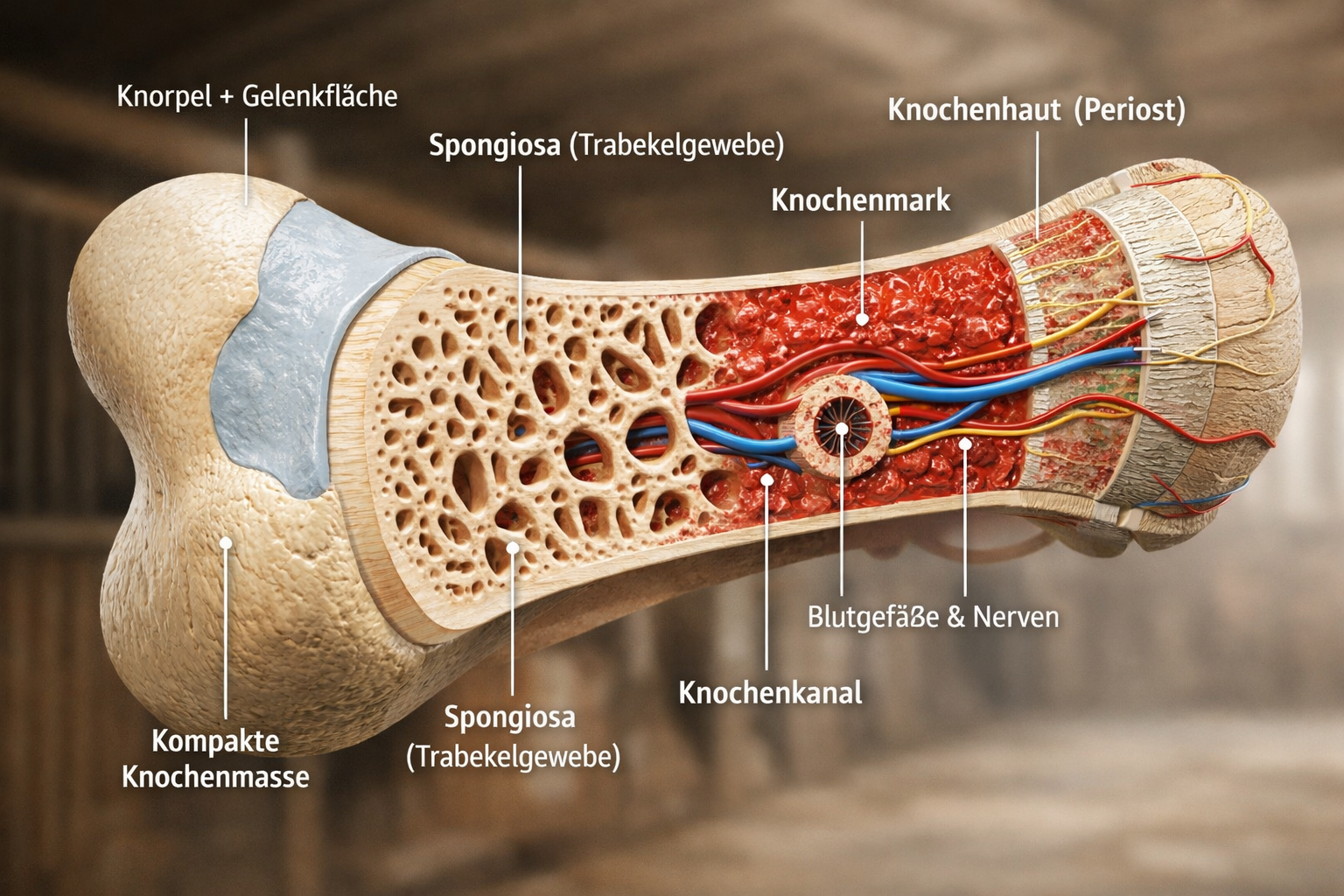 Knochenaufbau beim Pferd – Struktur eines Pferdeknochens mit Spongiosa, Knochenmark und kompakter Knochensubstanz